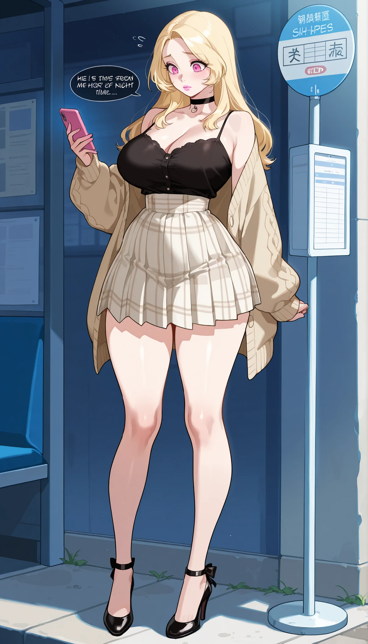 A young-adult beautiful cute woman with long silky pale-blonde hair, big pink eyes, pink lips, extremely fair white natural skin, an extremely small waist, slightly wide round hips, slightly big breasts, and an insanely perfect hourglass figure. She's only wearing a waist-tucked black top with thin spaghetti straps and a lacy V-neckline, a white front-open slightly-medium baggy cardigan with full sleeves worn over the top, a high-waisted pleated mini brown check skirt, a choker, and strappy high-heels. She's standing in a bus stop, typing on her phone with one hand, slightly nervous expression, and it is night time while raining. Show her full body and super hyper-detailed.