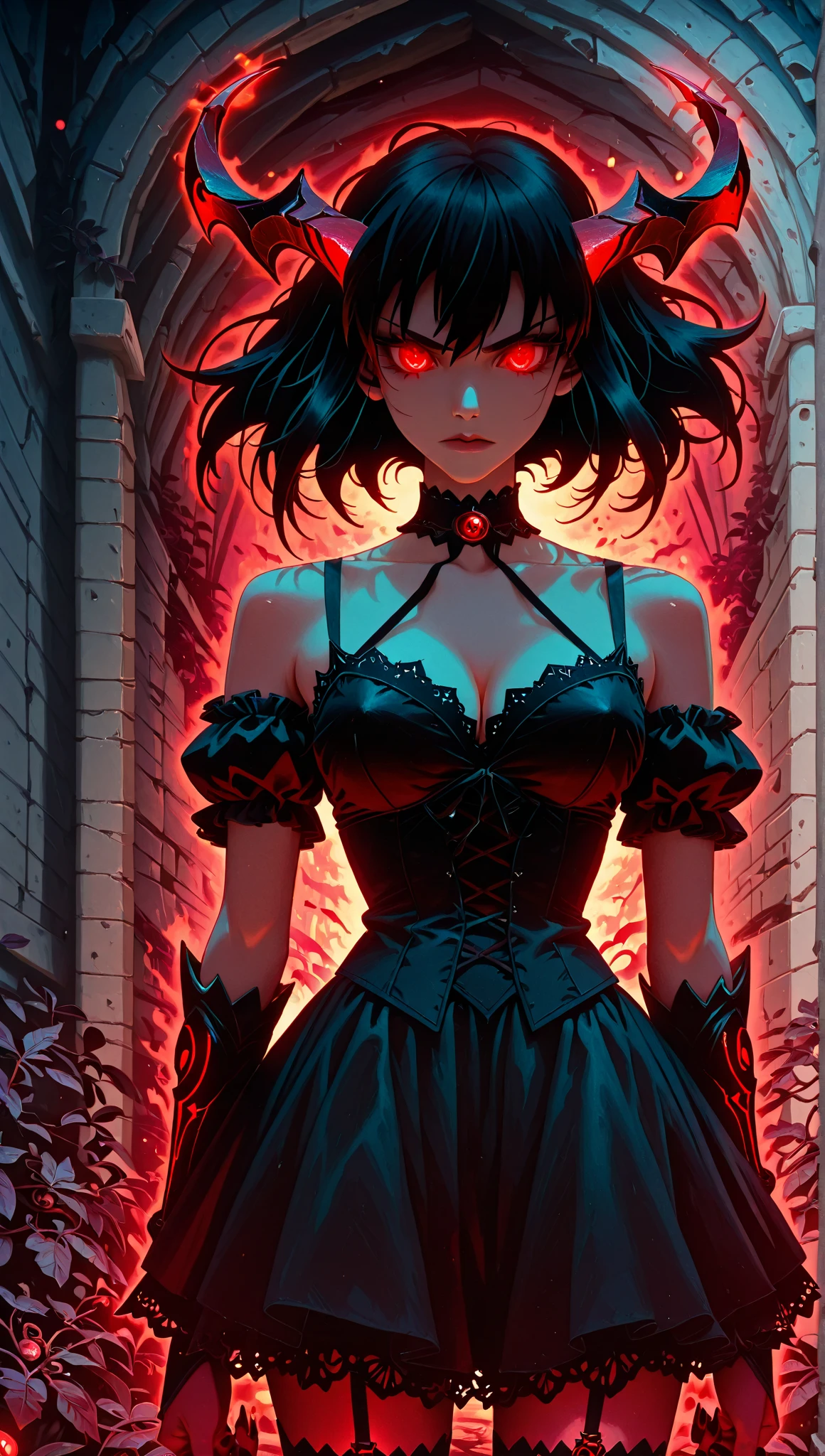 Goth girl 1girl, solo, long hair, looking at viewer, red eyes, jewelry, necklace, makeup, lipstick, black background, portrait, glowing red demon eyes, by vergvoktre, dramatic fluorescent , gritty, intense, distorted face, nightmare fluorescent, intricate details, hyperdetailed, cinematic, dark shot, film grainy, soothing tones, muted colors, technicolor BREAK outdoors, twilight, raytracing BREAK d4rk4rt artstyle, monochrome fluorescent, greyscale, avant-garde style