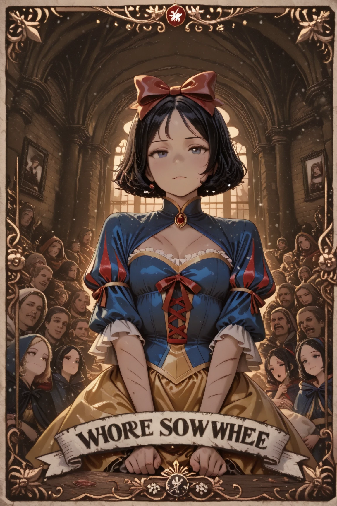 masterpiece, super fine illustration, best quality, light particles, ultra-detailed, 8K wallpaper, (bright colors:1.2), solo, (a little girl), big breasts, (black hair), (hair bow:1.5), (red bow), disheveled hair, long hair, curly hair, shiny hair, shiny skin, beautiful blue eyes, shiny eyes, happy smile, blush cheeks, (Snow White and the Seven Dwarfs:1.4), blue dress, puff sleeve, yellow skirt, fantasy, village house, apple, cowboy shot, anime,