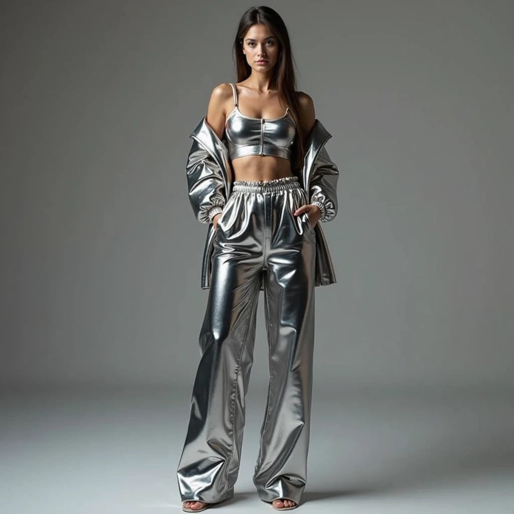 Best quality, Masterpiece, Portrait, Perfect anatomy, Flawless, 1womanl, Solo, Sexy, Stylish, mature, Silver pants, croptop, Jacket, Long hair, Feminine, Cool, queen, Correct female anatomy,