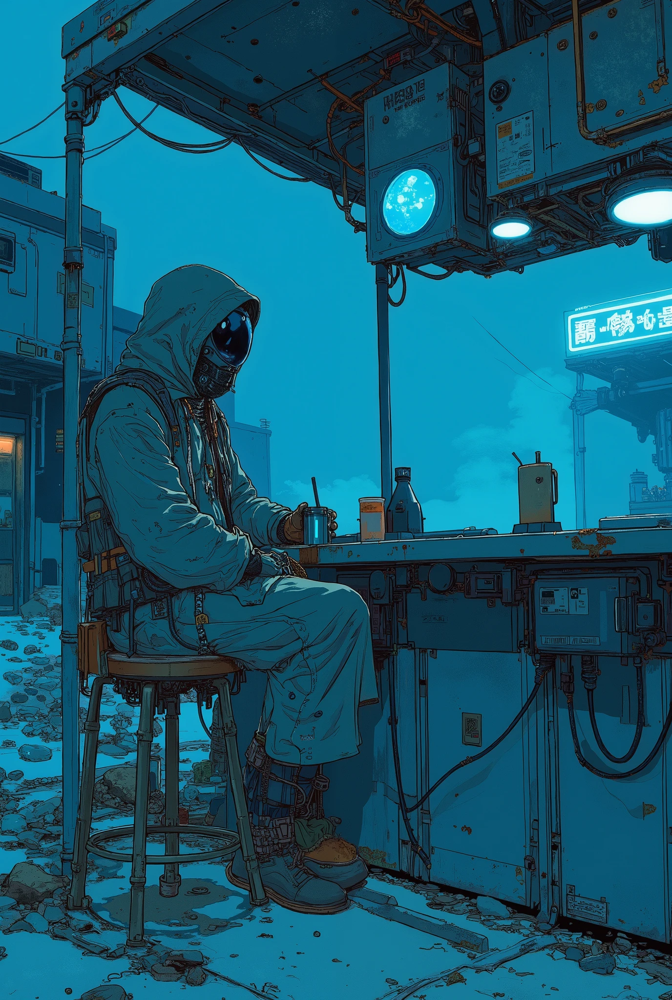 cyberpunk dystopian world, dominant blue color tone, outdoor bar partially visible, not fully shown in frame, viewed from the side, (bar made of scrap metal and salvaged tech components, weathered and rusted), ambient fog and broken rubble scattered around, bar counter glowing faintly with soft blue neon, (man sitting on a rugged, scrap-made stool), elbow resting on the counter, holding a metallic drink container in one hand, wearing layered travel robes with cyberpunk elements, similar to a merchant's attire, subtle glowing trims and a worn hood, atmosphere of solitude and stillness, background dim and obscured by fog, faint reflections on metal surfaces, cinematic lighting from the side, focused composition, moody and immersive tone