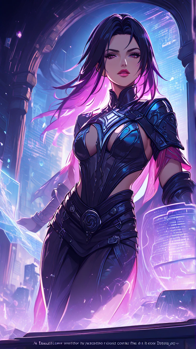 Fury, large purple hair, lips, no pupils, white eyes, forehead mark, close up, smile, midriff, cleavage, shoulder armor, breastplate, gauntlets, large trees, street, morning, destroyed london city in medieval age, (insanely detailed, beautiful detailed face, masterpiece, beautiful detailed eyes, best quality) full body, boots, standing
