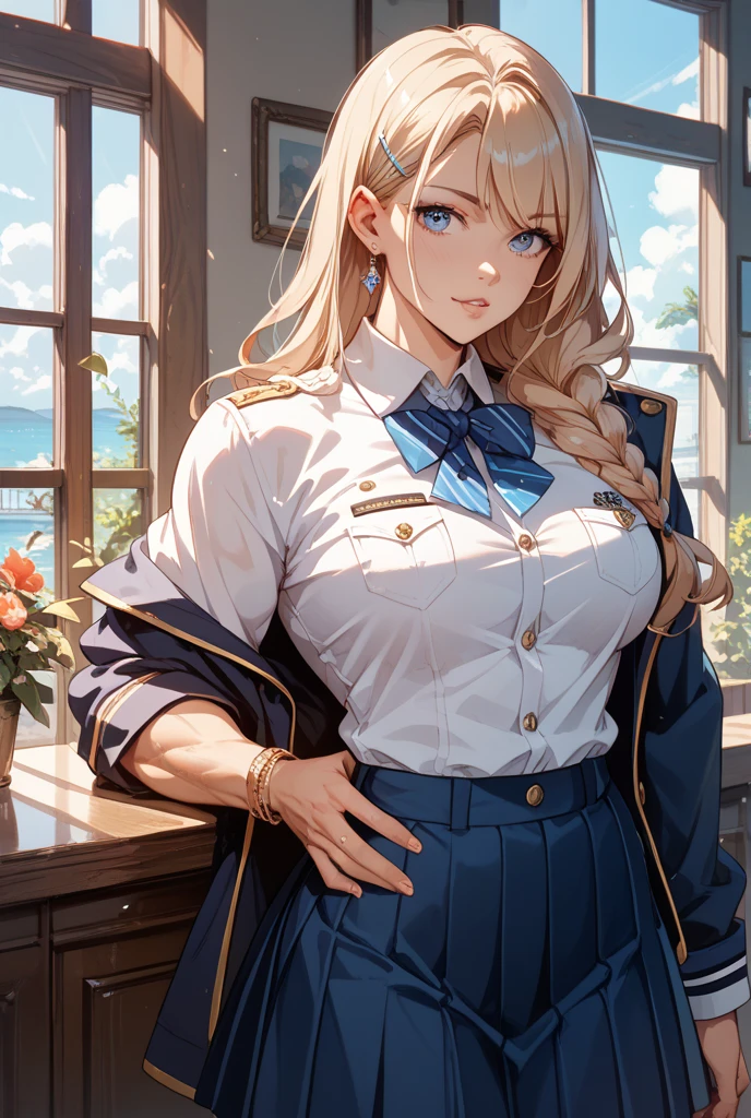 A beautiful blonde woman with three braids and deep red eyes, gazing condescendingly at the viewer with a cute grinning expression, extremely detailed, masterpiece quality, ultra-detailed, HDR, studio lighting, vivid colors, physically-based rendering, thick thighs, exective officer, wearing office suits, (((wearing short skirt)))