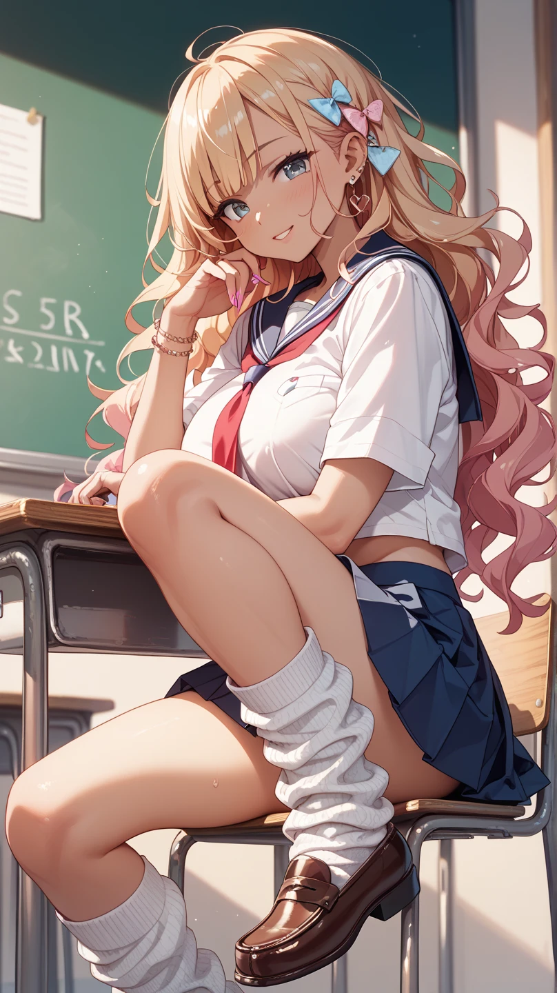 (Highest quality:1.24K, 8k, Studio Anime, Very detailed, Latest, Vibrant, High detail, High Contrast, masterpiece:1.2, Highest quality, Best aesthetics), (((1 Girl))), Sit and pose, JK, Sailor suit, Pleated skirt, loose socks, loafers, Please open your mouth a little:1.2, smile, Dynamic Angle, look up:1.3, Friendly atmosphere, Beautiful Hair, Shiny Hair, Beautiful Skin, Detailed face and eyes, Glossy Lips, Curvy Women, Striking contrast,