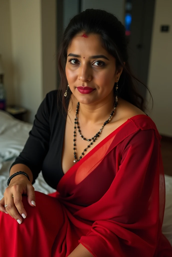 photo of Mature Indian Aunty with dusky skin, wearing tight Red Kurti and Black stole around her throat, showing U Cut Cleavage, Hair tied behind, sitting on bed, dim light.