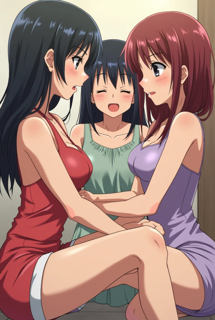 shinkai makoto, Kimi No Na Wa., 
Detailed Background、Beautiful and elaborate face、Beautiful, smooth skin、Skin Texture、Beautiful teenage girl、((Three beautiful girls))、Short black hair、Cute hairstyle、smile、Laughter、sexual expression、,Nipples,Nipples,Pussy,Pussy,Indoor shoes,Spread your legs,Show your crotch,,Open up,Pussyひらく,Love juice,,