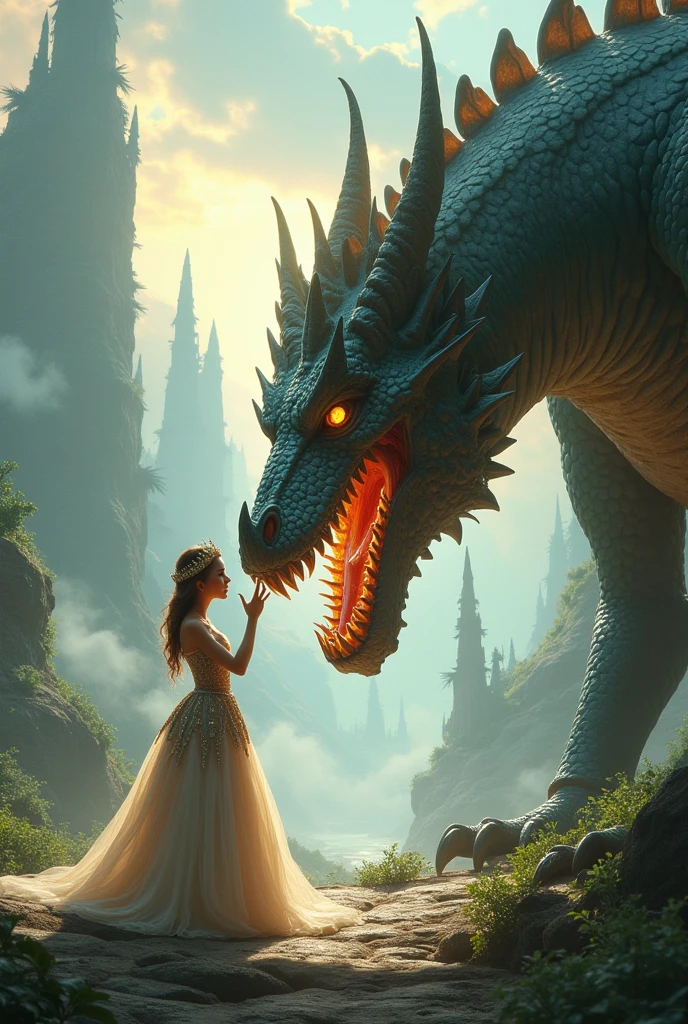 "Depict a solemn, magical moment where the massive dragon, with gentle eyes, bows its head in respect to a young girl standing before it, offering her a crown made of gold and precious gems. The dragon’s expression is one of reverence and admiration, its powerful form softened by the gesture. The girl, now crowned, stands tall and composed, radiating wisdom and kindness. Surrounding them is a mystical landscape, with the kingdom in the background, bathed in golden light. The atmosphere is filled with a sense of destiny and the beginning of a new era, as the dragon bestows its power and blessing upon her."