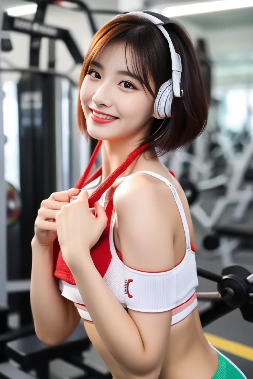 realistic photos of (1 cute Korean star) clear face, medium breasts size, slightly smile, sitting and play computer PC, tank top with cartoon character pattern, half updo, headphones, from side, Wide-Angle, f/4.0, Hasselblad, halftone, stereogram, UHD, masterpiece, high details, highres, 8k, 16k