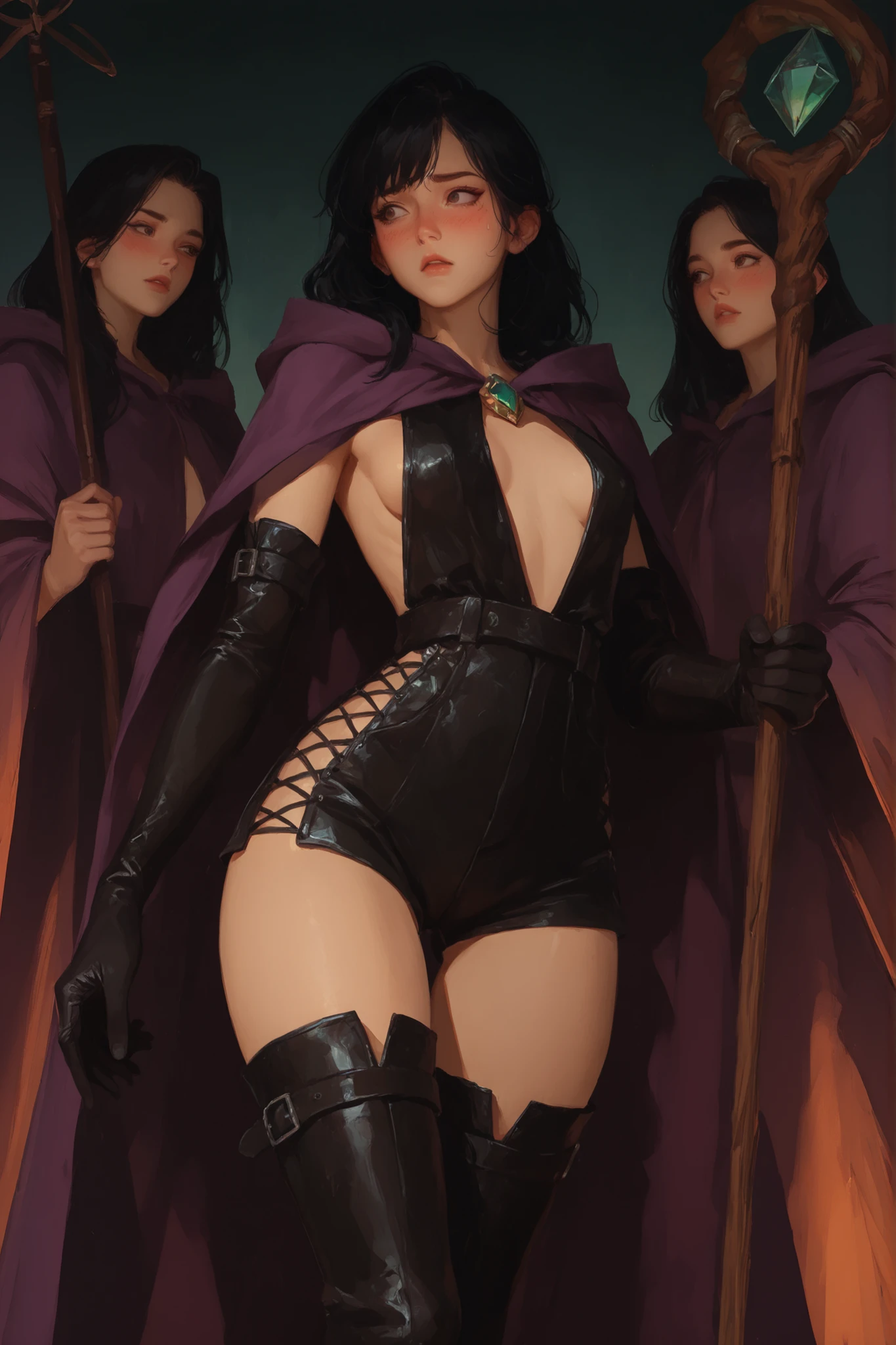 Middle class mage, girl, young, beauty, black hair with ornament, flustered, eyes open, slim body, wide waist, small thigh, crotch gap, wear a maroon rolled-up shorts, thigh high, zettai ryouki, leather heels, elbow gloves, waist-laced sexy underwear, mage robe, sideboob, ready to battle, fight pose, hold a wooden staff with gem
