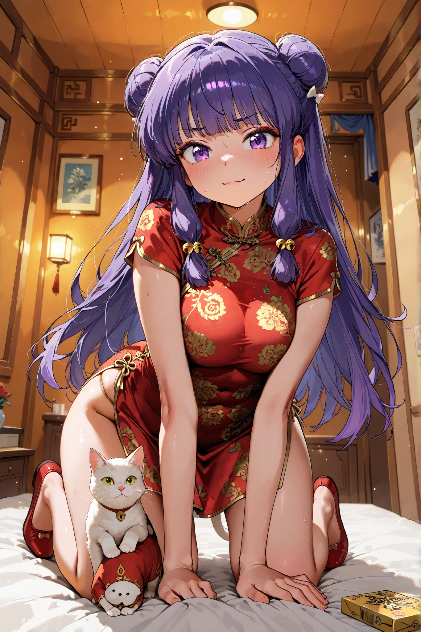 (Alone:1.3),1 girl\(Shampoo, Anime Character\(ranma1/2\),beautiful,sexy, long hair, looking at the spectator , blows, simple bottom, hair accessory, white bottom, dress, purple eyes, full body , purple hair, sideburns, hair bun, Campaign, double bun, Chinese clothing, short dress, red shoes, china dress, hair Campaign, eye shadow).bottom\( simple Chinese design ,white 1cat \). BREAK .quality\(8K,bottom de pantalla de unidad CG extremadamente detallada, high resolution , top-quality, top-quality real texture skin, hyperrealistic, increase resolution , RAW Photos Box, best quality, Highly detailed, The , golden ratio , high saturation realism , vibrant colors, dramatic lighting , Persuasive storytelling , atmospheric scenery , captivating images , intricate details , strong emotions, dream world\),(dynamic angle:1.4), show legs), show panties, ((piernas anchas)), (((caderas anchas))), (((wide hips))),(show legs), (caderas anchas), piernas anchas, cara hermosa, cara inocente bed view from behind sexy crawl on all fours ecstatic expression ecstatic expression, (show legs), ((wide hips)), ((piernas anchas), piernas perfectas,