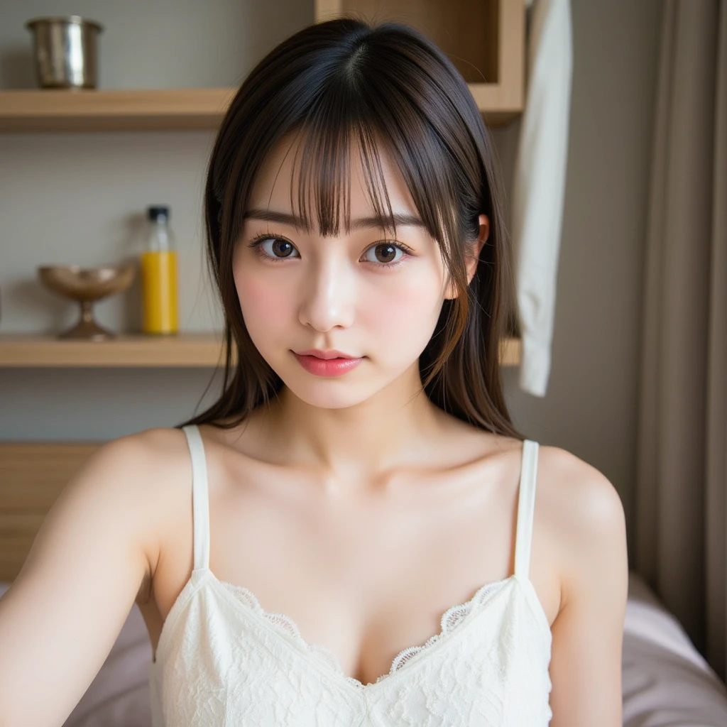 ((highest quality, 16k, masterpiece :1.3)), 1 girl, smile, whole body, Big Breasts、Beautiful woman, (Wavy long hair), Pastel colored camisole dress:1.1, Highly detailed face, Narrow and beautiful eyes, double eyelid, Thin nose bridge、Small nostrils、Thin lips、Heavy dolly make-up、Asymmetric bangs、Blur the background, Large Breasts、Wide open chest、Deep cleavage、Saggy breasts、protruding breasts、Voluptuous thighs、Showing her from head to thighs、Office interior during the day、Professional Lighting、Cinematic lighting、In front of the computer