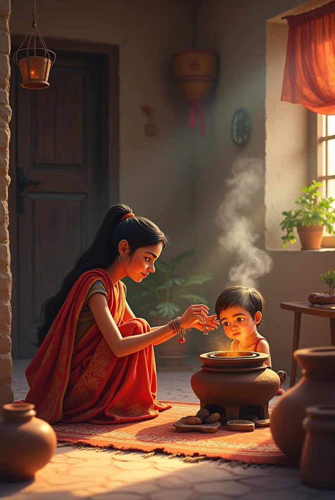 Beatiful lady boiling ghee in kitchen, smell of ghee is spread in room, small boy smell ghee
