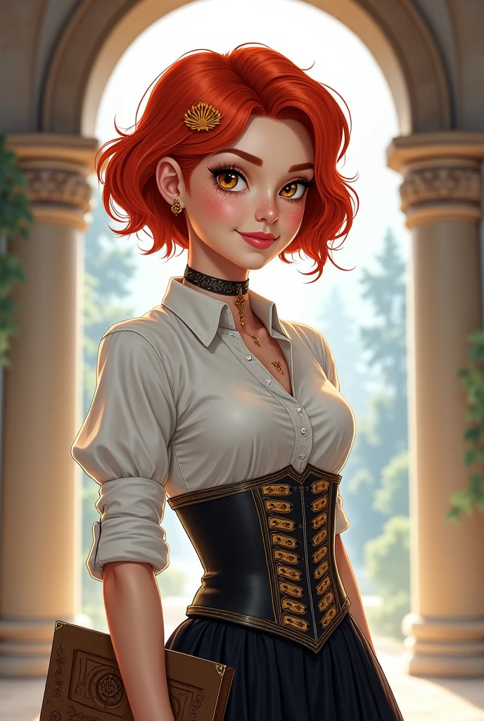 (high-level image quality), (high quality), (high resolution), (detailed), (masterpiece), beautiful woman, ((caucasian)), green eyes, red hair, short hair, dark red lipstick, perfect eyes, Detailed face, tight jeans, long sleeve, balcony