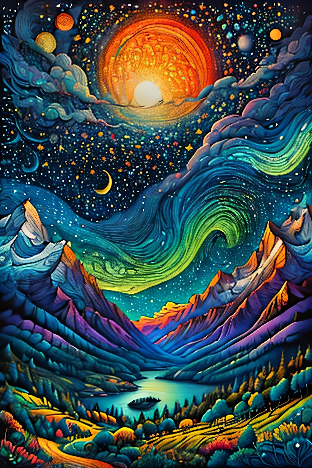グスタフクリムト 、Woodblock print、universe、Dramatic、emphasizes the immeasurable power of nature. universeのスケール感と静けさを与えている. The overall atmosphere is dynamic and dramatic, universeの生のエネルギーと美しさをとらえている.愛の世界