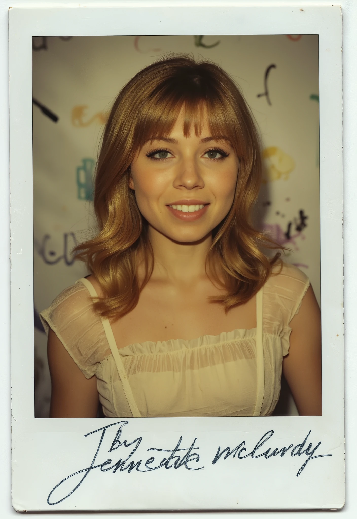 Ultra-realistic analog Polaroid of a 20 year old JennetteMcCurdy wearing a ruffled dress, long hair, lead blue eyes, smile, shot on a vintage 600-series camera. Warm, faded tones, soft grain, and subtle imperfections create an authentic retro aesthetic. The aged Polaroid frame features 'By IMPOSTOR' elegantly inscribed in vintage hand-lettered typography