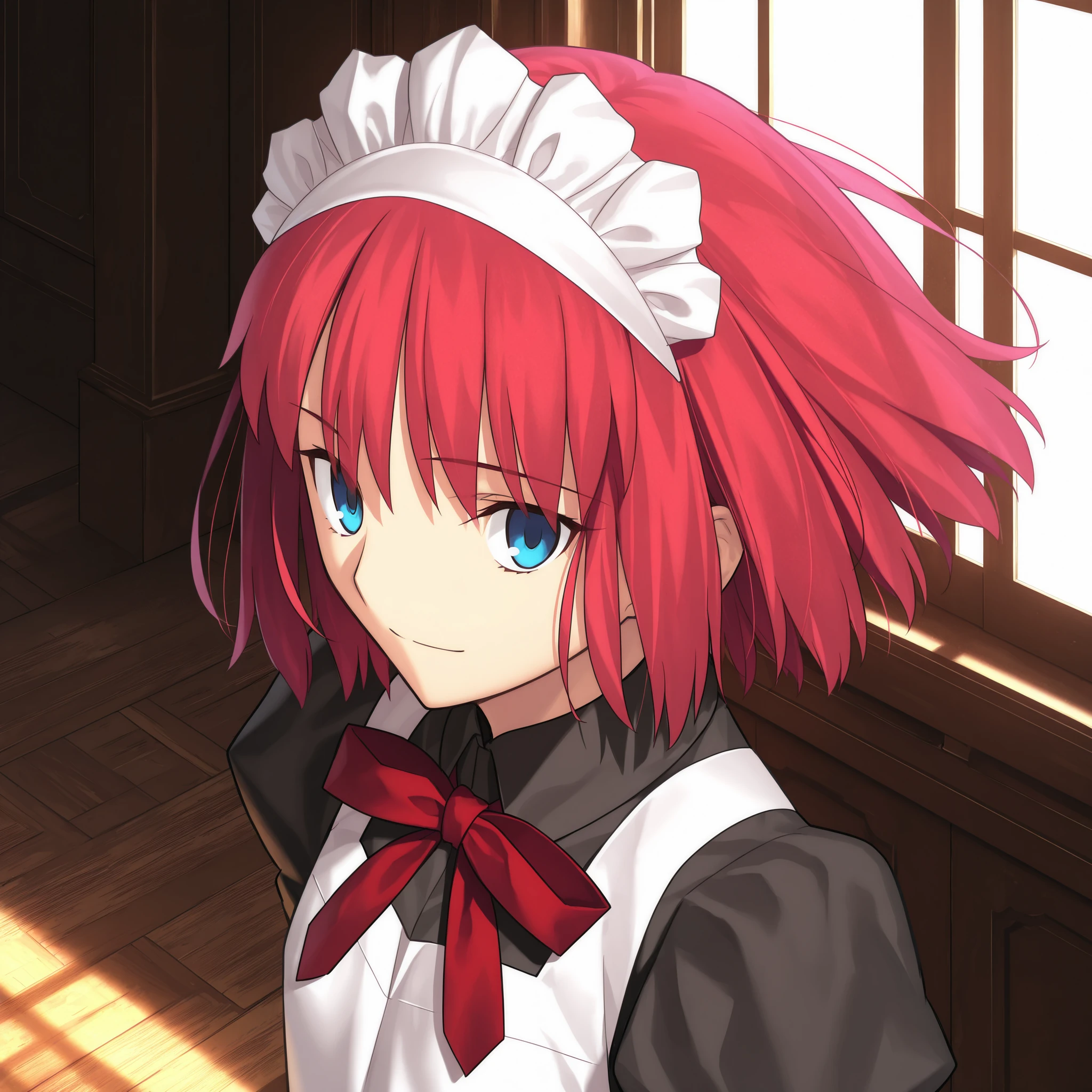 masterpiece, , absurdres, highres, detailed background, high resolution, masterpiece, necessary, detail, best quality, quality, necessary, details, High details, Precise, , indoors, from above, day, (close up face) portrail, ,
1girl, , Takeuchi Takashi (type-moon,tsukihime) style, takeuchi takashi style, , listening, very light smile,
girl, (hisui (tsukihime), light blue eyes, red hair, short hair, bob cut, maid headdress, neck ribbon, red ribbon, juliet sleeves, maid, maid apron, collared dress), (tsurime), ((upturned eyes)), ( ), floating hair , expressionless, ,
(black dress shirt, white apron), , dark red ribbon, small breast, flat chest, , looking back, ,