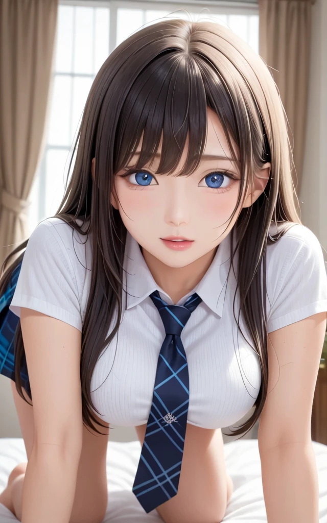 ((highest quality)), ((masterpiece)), (Very detailed), (Very high resolution), ((Realistic)), 8k, Perfect Line Drawing, Beautiful line art,
Anime 2D Rendering, (The best CG), Ultra-detailed art, 
One Girl:1.5, 

Symmetrical facial features:1.4, Perfect Face, Beautiful clavicle, Beautiful fingers, Beautiful breasts, (Slightly smaller chest), 
Beautiful body, Beautiful thighs, Beautiful feet, Perfect round butt, (Detailed skin), (Shiny skin:1.2, Beautiful white skin:1.4), 
BREAK Baby Face, cute, 18-year-old, 
Double eyelids, Natural eyebrows, 
(Expression of fine eyes, Beautiful and delicate eyes, twinkle in the eyes, blue eyes), 
Glossy mouth, 

Beautiful Hair, Shiny Hair, Hair fluttering, (Blonde, twin chignon hair), 
BREAK 

((Collared short-sleeved shirt, White shirt, Blue blazer, Blue plaid pleated skirt, Red tie))、((Sheer black pantyhose)、loafers)、
Earrings、
BREAK 

(Enchanting、Embarrassed expression、Laughing expression), (Character Focus、breast focus), (Are standing、Turn your face towards me、Look up here、Top view)、classroom