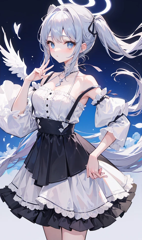 Angel Wings,Blue Halo,White pantyhose,White flowing long hair,Cat ear,Heterochromia(Left blue right yellow),female face,There are bright spots in the eyes,Female hands,White little hands,Normal fingers,flat chest,Starry Sky