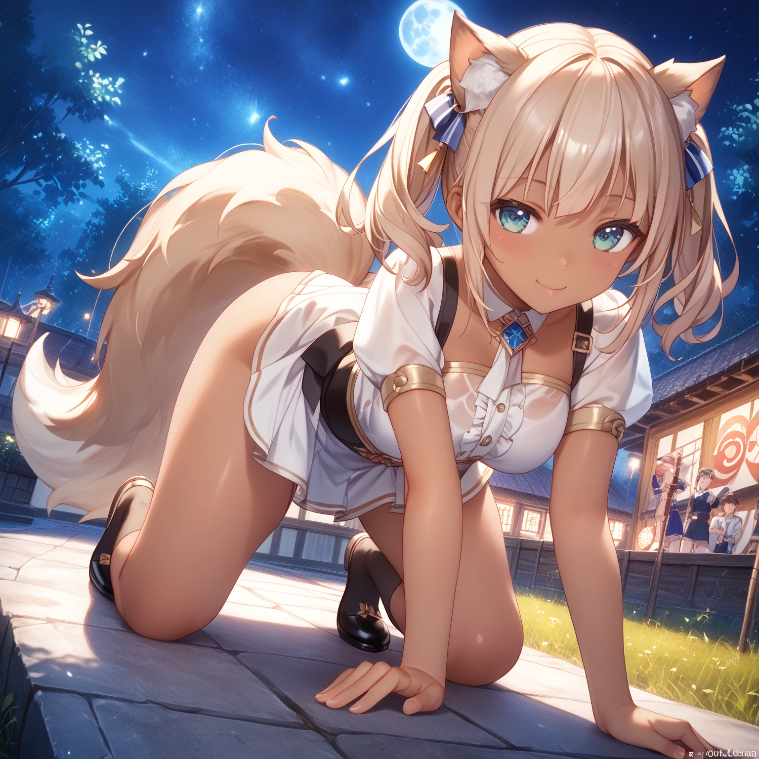 Neko girl Brunette, With medium wavy brown hair with platinum blonde highlights, and dark brown eyes, With big breasts