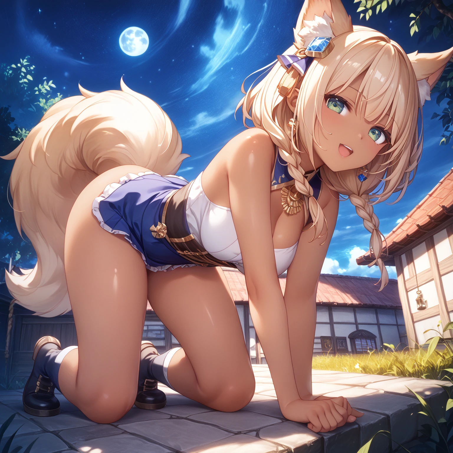 Best quality,Masterpiece,nude naked no clothes,Manteau blanc,(Fox facial features,Physical characteristics of a fox,short shoulder length braided hair),Small stature,bit girl,((blonde body,blonde arms,blonde legs,green eyes, blonde fox tail)),farm background at night, fireworks in sky, female, furry, anthro, legs spread, laying down, knees up, blushing, small breasts, rubbing vagina,