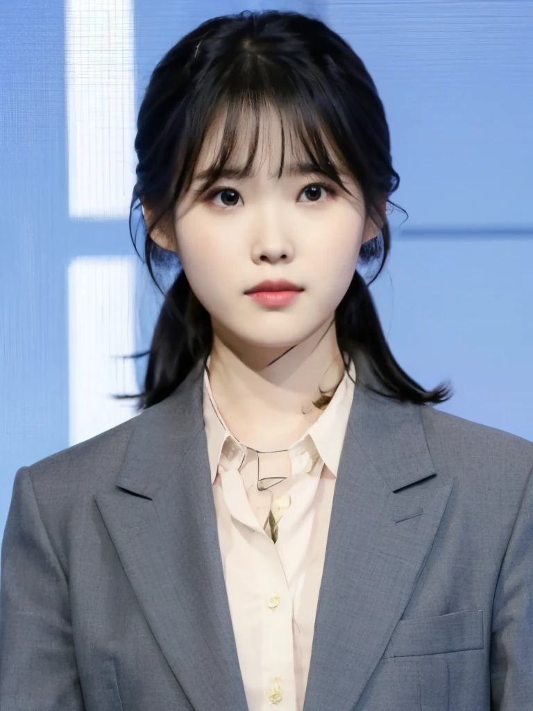 best quality, RAW photo, IU, Lee Ji Eun, 1girl, solo, looking at viewer, bangs, shirt, black hair, jacket, upper body, collared shirt, ,耳にピアス、ネックレス、カメラ目線、