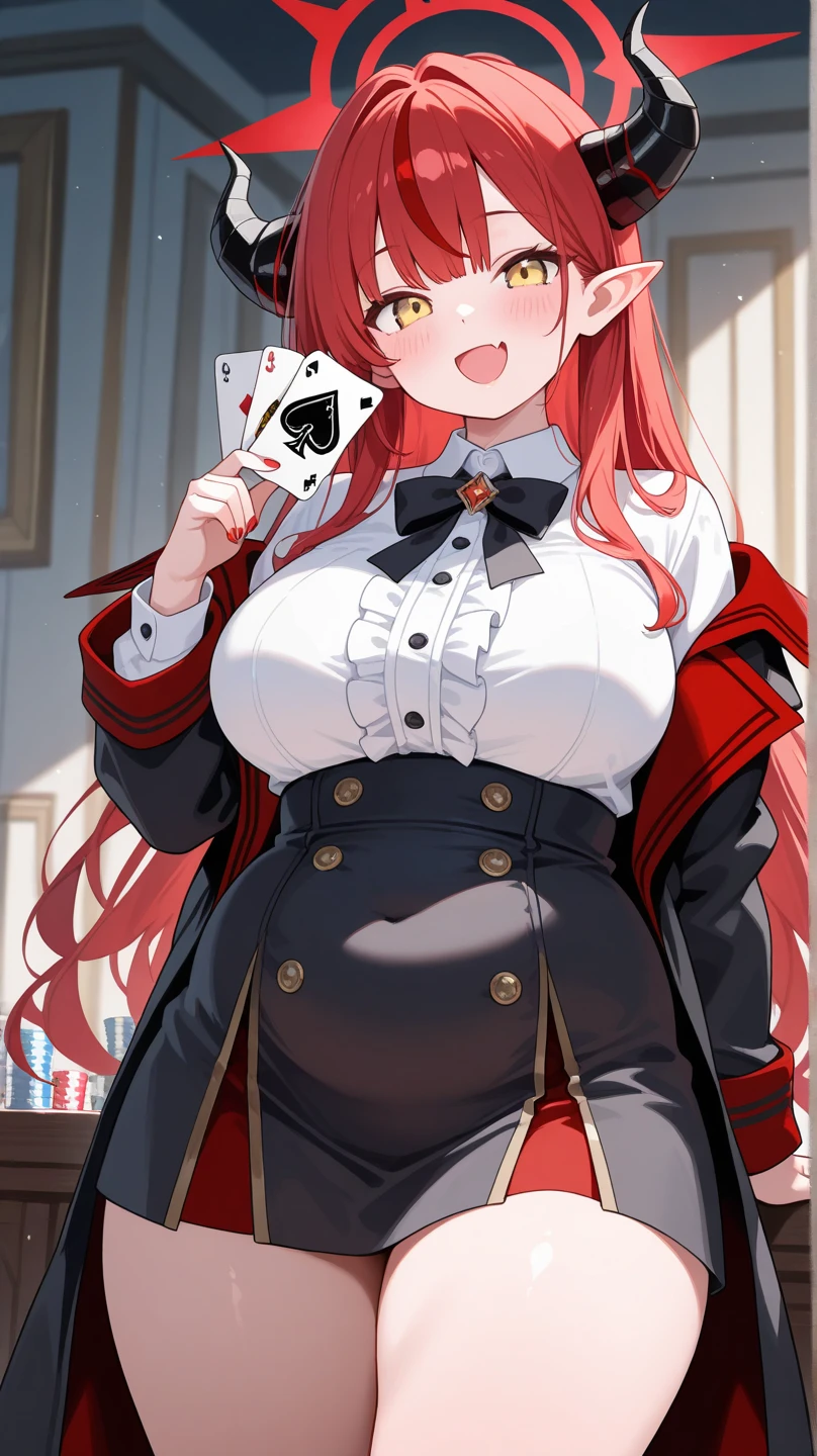 Jabami Yumeko from the anime Kakegurui looking at the camera with one hand on her chest and the other pointing at the camera, anime character, black background, ultra detailed, low angle, anime style, mappa studio, poker cards flying towards the camera.