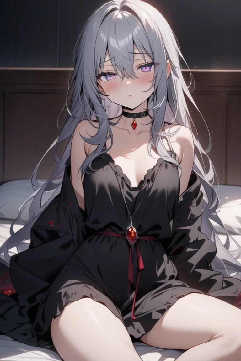 a beautiful young woman, 20 years old, with gray hair and red eyes, lying on a bed covered in black rose petals, a gothic atmosphere, wearing a white dress, black roses blooming all around, high quality, hyper detailed, masterpiece