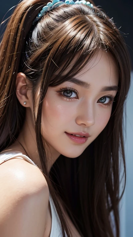 ((top quality, 8k, masterpiece: 1.3)), women (full body portrait, swimsuit with white ruffles, in the sea), outdoors, background is blue sky, overhead camera, sharp focus: 1.2, cute woman: 1.4, ((long hair)), very detailed face and skin and hair texture, wet texture hair, hair clip, wet body, detailed eyes, double eyelids, white skin, beautiful legs, Beautiful delicate nose, cute young Japan woman, 28 years old, with dynamic angles, creating melancholy emotions characterized by muted tones and contrasting mixes of light and shadow, while emphasizing the subject's hair, eyes, mouth and action, it is a composition pleasing to the eye and suggestive.