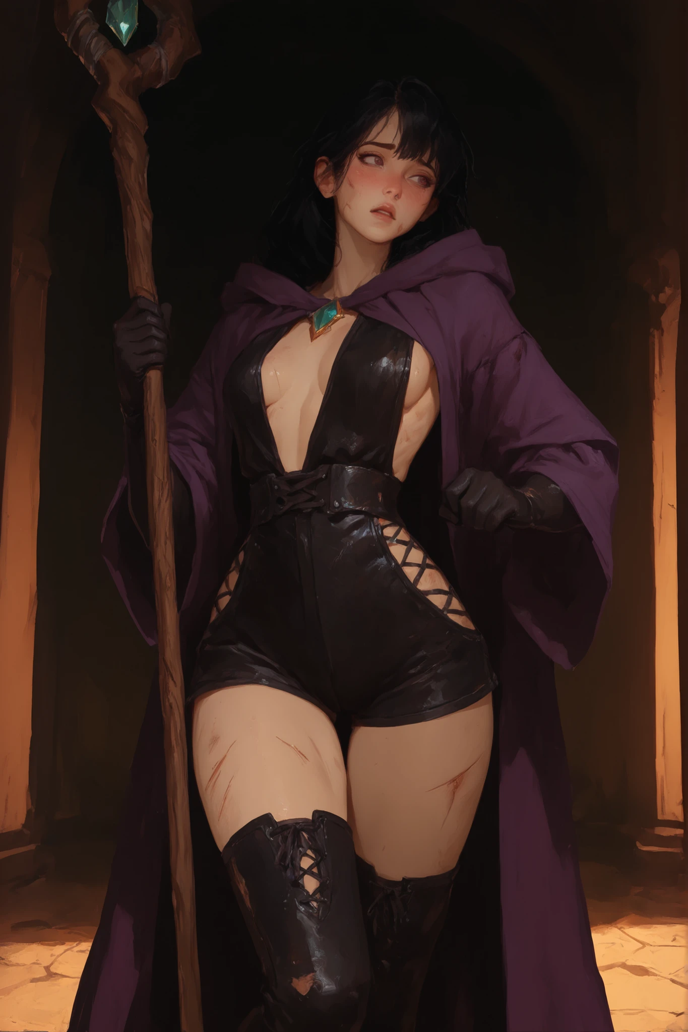 Middle class mage, 1 girl, solo, young, beauty, black hair with ornament, flustered, hopeless, eyes open, slim body, wide waist, small thigh, crotch gap, wear a maroon rolled-up shorts, thigh high, zettai ryouki, leather heels, elbow gloves, waist-laced sexy underwear, mage robe, sideboob, ready to battle, fight pose, hold a wooden staff with gem, scuffed skin, wounded, in the hall boss dungeon area