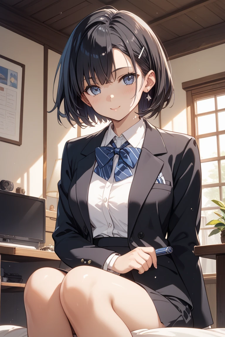 (top-quality、in 8K、32K、masterpiece、nffsw、超A high resolution、Impresionismo、Photorealsitic:1.2)、Colossal tits、cowboy shot, detailed faces and eyes、 Inside the classroom、Schools、Evening glow、beauitful face、blurry backround、16-year-old beautiful girl、shinny skin、short-hair、Beautiful blue hair、Blunt bangs、Black eyes、(Katyusha:1.2)、Open black blazer、White blouse、Red checked tie、Grey check pleated miniskirt、Curve、Stand on one knee、(I can see panties:1.2)、Smile with open mouth、Opening legs