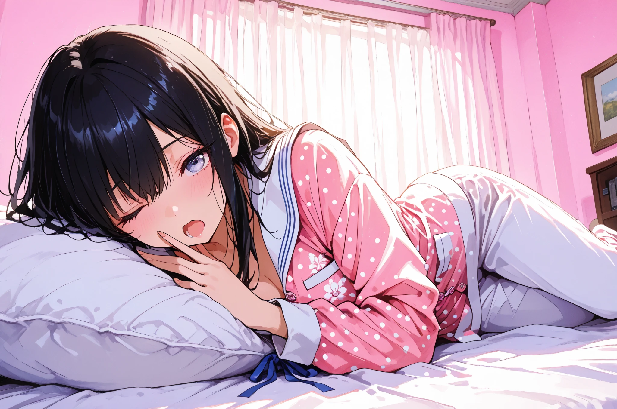 Beautiful illustrations, highest quality, (10 year old girl:1.4)、(pretty girl:1.5)、、、Flat Chest、Light Blue Tunic、(pink chino shorts:1.4)、(Pink shorts with wide opening:1.2)、Gap between thigh and pants、Thin thighs、White socks、 Cinema Lighting, (Twin tails)、White skin、Redness on the cheeks、