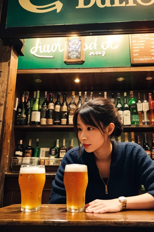 born,(sharp focus、focus of the eye、masterpiece、highest quality、realistic詳細、clear image、realistic、High resolution),Beautiful smiling woman holding a cocktail glass、22 years ago、big, kind eyes,,bar counter,Shelf of whiskey bottles in the background、white Y-shirt,tipsy,flushing