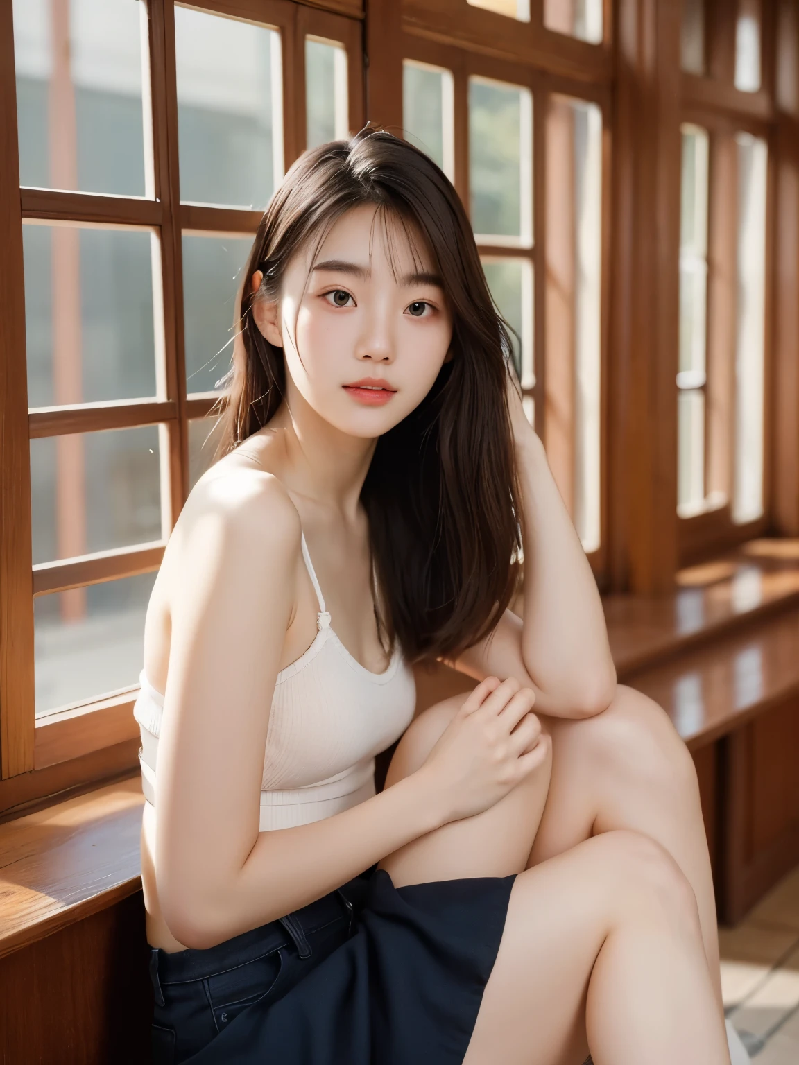 A superb exquisite real beautiful Korean girl, natural straight hair, extremely delicate, straight facial features, peerless beautiful girl, soft, dreamy quality, light white and dark brown, exaggerated facial features, solid color, frank holly, delicate face, bright lips slightly open, slender waist, soft curves, real light and shadow, super fine, 4k, natural moving, realistic, Ultra high resolution, ((at the street food)), (professional pose),(nsfw:1.4), (Topless camisole:1.4),(sitting in the street food shop:1.4), (her hand hiding), (((1 girl)))