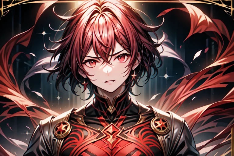 Portrait of a noble knight,Dignified,Royal Knights,armour,opulent,ultra - detailed,realisticlying, elf male, menacing red aura, long brown hair