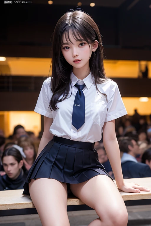 Masterpiece、top-quality、girl1、ultra-detailliert、View looking up from directly below A dark-haired Schoolgirl Uniform、White panties Soft thighs Boldly open legs、skirt rift、skirt lift by yourself