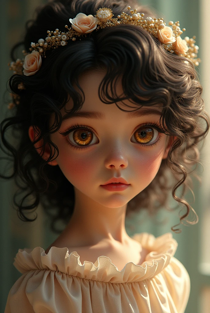 (Highest quality:1.4),(masterpiece:1.4),Very detailed,8k,CG,Exquisite,Upper Body,,Thumb Girl,Little Princess,loose coat dress,Garden Background,Detailed facial features,Long Curly Hair,Almond Eyes,Subtle eye makeup,Long, fluttering eyelashes,Shining star-like eyes,And starry eyes, Intricate lip detail,Soft and harmonious style.
