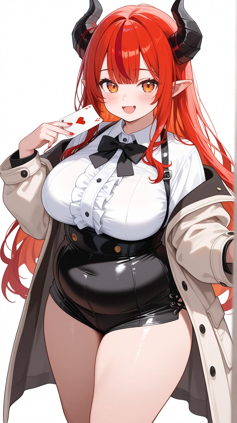 best quality, masterpiece, highres, solo, {hidenburg_azurlane:1.15}, long_hair, red eyes, red_hair, big breasts, Black curly ram horns, bangs, large_breasts, sleeveless, necktie, smile, peaked_cap, blush, very_long_hair, hair_between_eyes, 1girl, bare_shoulders, black_coat, coat, collared_shirt, open_clothes, shirt, sleeveless_shirt, white_shirt, closed_mouth, looking_at_viewer, _background, upper_body, off_shoulder, open_coat, Hell_background, angst look, horny, NSFW, getting fucked