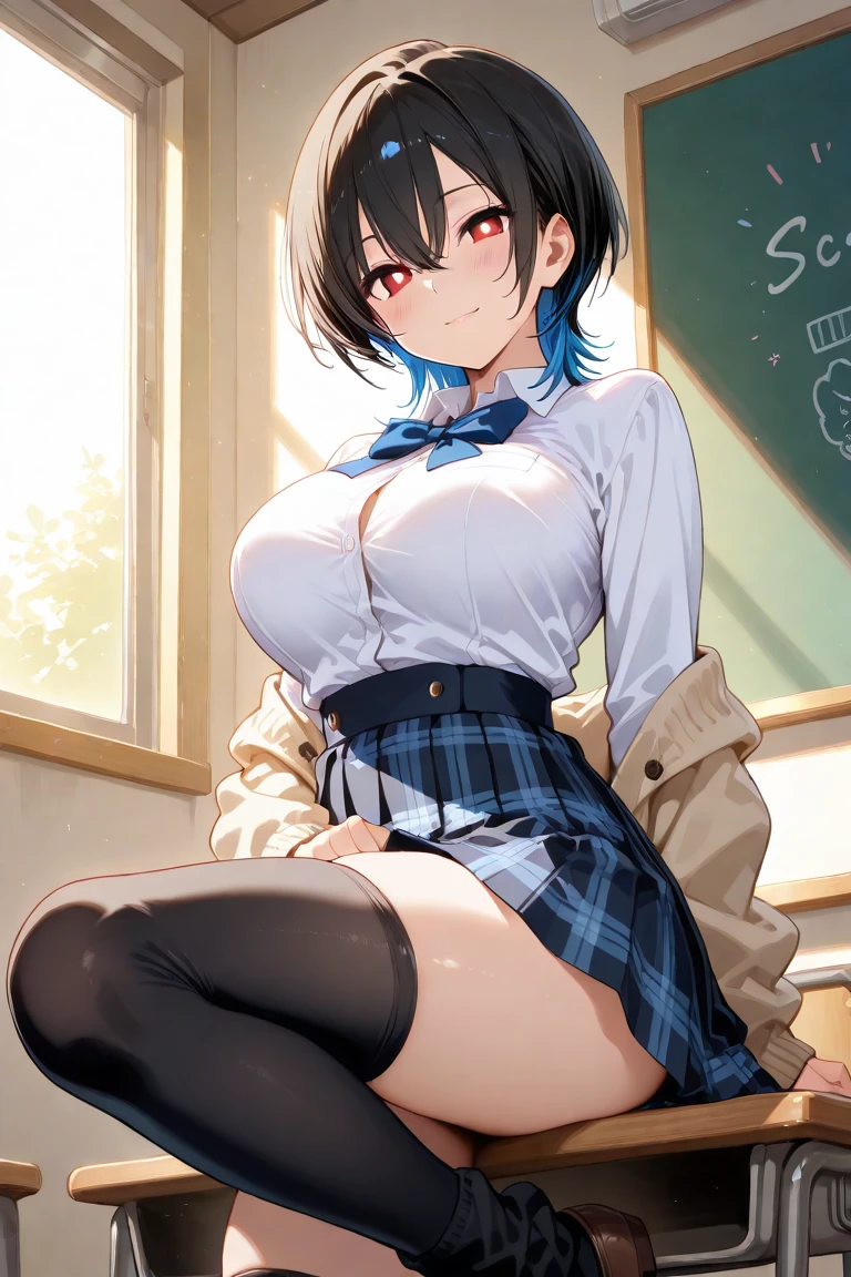 ((nsfw, masterpiece, best quality)), ((super high resolution)), (photo realistic), best shadow, (sharp sketch, illustration:1.2), high detail, very detailed, (nice hands, perfect hands), (POV, face focus:1.4), ((1girl and 1 boy)), beautiful girl, , blue eyes, (black bob hair:1.5), (normal breasts:1.1), glossy skin, ((view from front:1.5)), (very slender:1.3), (beautiful adolt face:1.3), famous idol, thin lips, detailed facial features, facial and skin texture, Crisp focus, perfect beautiful body and face, pink small nipple, beautiful face, perfectly in focus, long bangs, underhair, (in the classroom:1.3), all body, (smile:1.4), (sweat:1.5), ((woman on top:1.5)), ((penis)), ((vaginal)), ((sex:1.5)), (black waistcoat and black skirt:1.5), (cum overflow:1.5), skirt lift, black shiny legwear), wrist scrunchie, loafers, choker, (saliva trail:1.2), open mouth, hair between eyes, (show off nipple:1.5), (arms behind head:1.3)