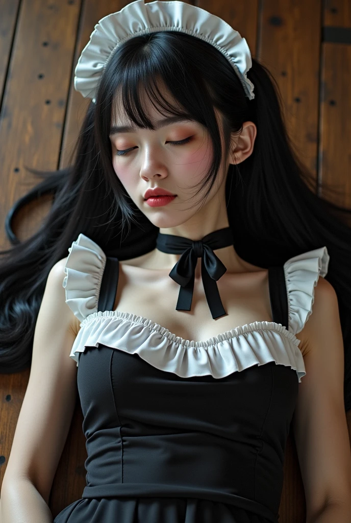 Highest quality, masterpiece, look up, cute,(((Beautiful maid girl))),((Small breasts)),Baby Face,(Maid clothes),Black Hair,Beautiful Style,((Pale skin)),Sensual look,Embarrassed,Sexy expression,Expressions of delight