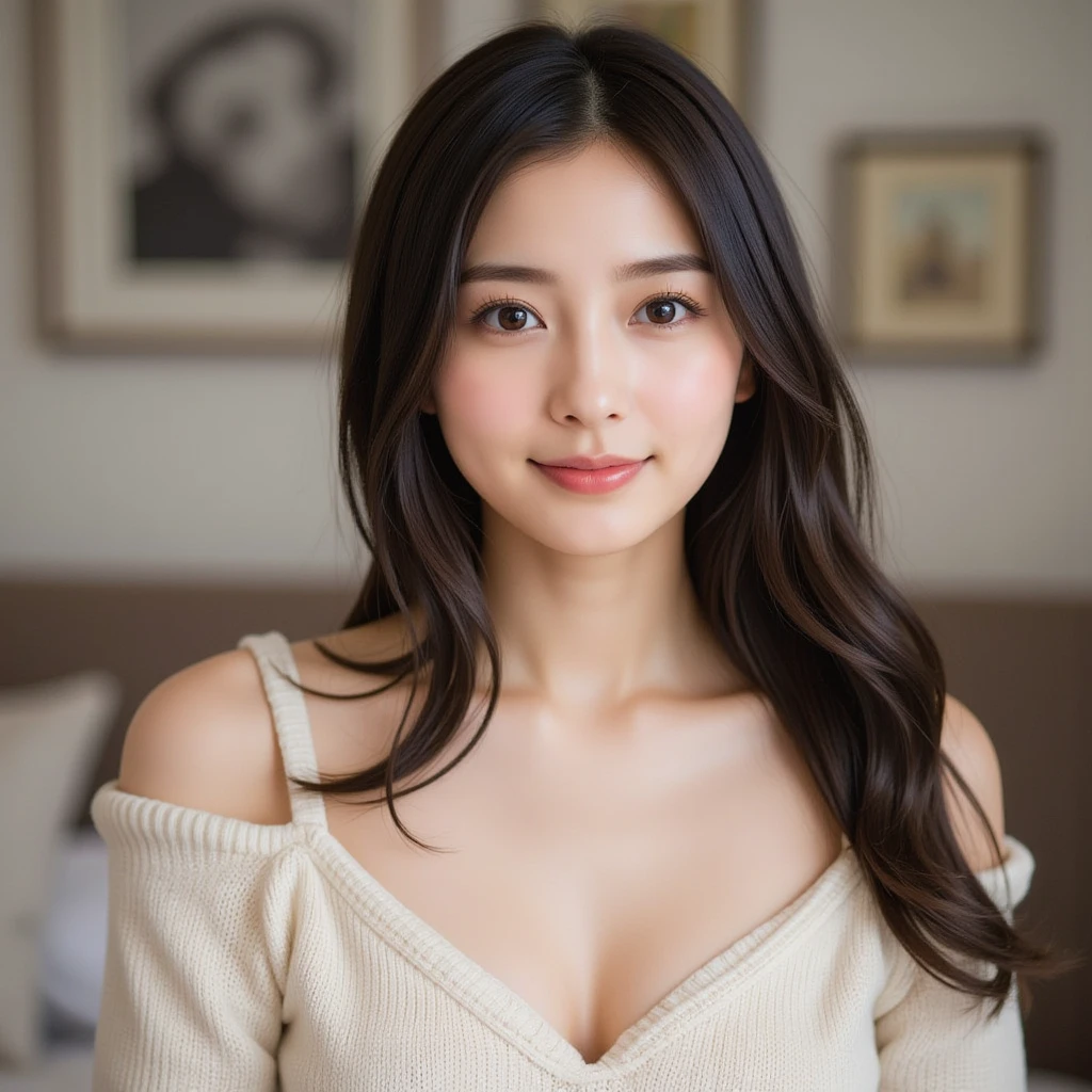 ((highest quality, 8k, RAW photo, masterpiece :1.3)), (realistic、Photoreal:1.37)、Super detailed、ultra high resolution, alone, 1 female, alone, see the beholder, (30 years old), There are age-appropriate wrinkles, beautiful and detailed face, Smile, narrow, shining eyes, (slim waist :1.3), Fine and beautiful skin, skin texture, professional lighting, as a whole human body, (long straight hair, black hair),  (the wind is strong:1.3), (floating hair:1.3), (Bright red V-neck sweater, cleavage cutout :1.2), (covered nipples:0.5), (flat chest:1.5), living room, sit in a chair, flat chest, flat chest, towards the camera, close up of face, (professional lighting),