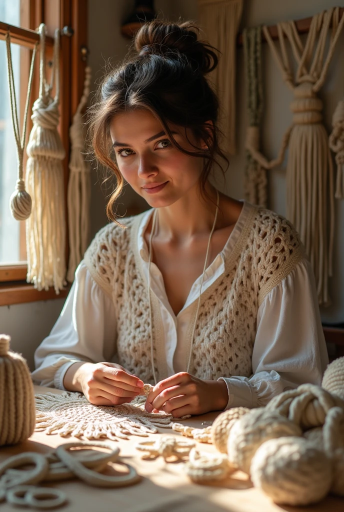 White woman with medium brown wavy hair crocheting sitting with some Stitch