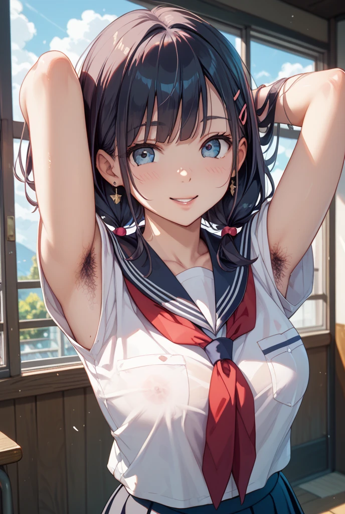 (high quality, 8k, 4K, High Contrast, masterpiece:1.2, 最high quality, Best aesthetics), beauty, Maid, Very detailed, レースのヘッドドレスをつけた魅惑的でエロティックなGalの女の子, smile, (Normal milk, Black Hair, Twin tails), Focus on the face, Focus on the face,Displeased face, Complex eyes, tights, 40デニールの黒tights, coffee shop, Low angle shot, Viewers looking up,Gal,Open chest