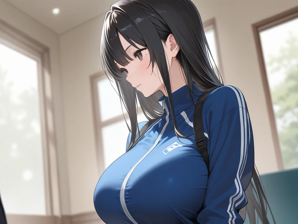 Highest quality, 8k, 4K, High resolution, High Contrast, The upper body is visible,1girl,only,Dark brown hair,Straight Long Hair,(Beautifully detailed face),A look of frustration,Blue, clear eyes,Upper Eye,She has big breasts,20generation,business suit,Working,money