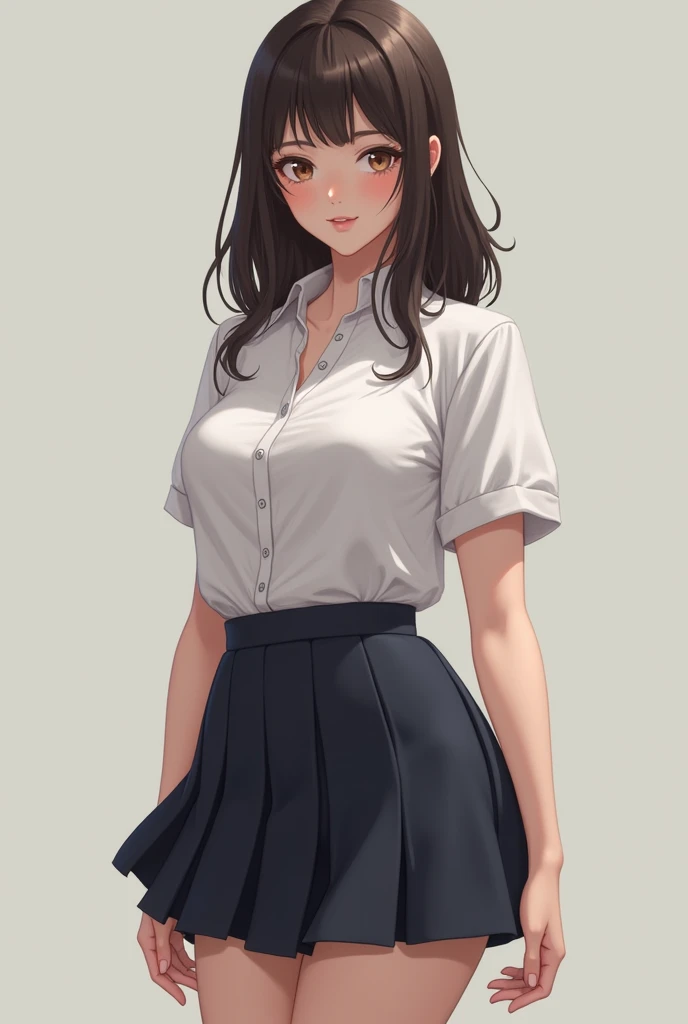 masutepiece, Best Quality, Illustration, Ultra-detailed, finely detail, hight resolution, 8K Wallpaper, Perfect dynamic composition, Full Body, Beautiful detailed eyes, Collared T-Shirt and Mini Skirt,Medium Hair,Small breasts natural color lip, Bold sexy poses,Smile,Harajuku、20 years girl、Cute、Sexy shot looking at camera