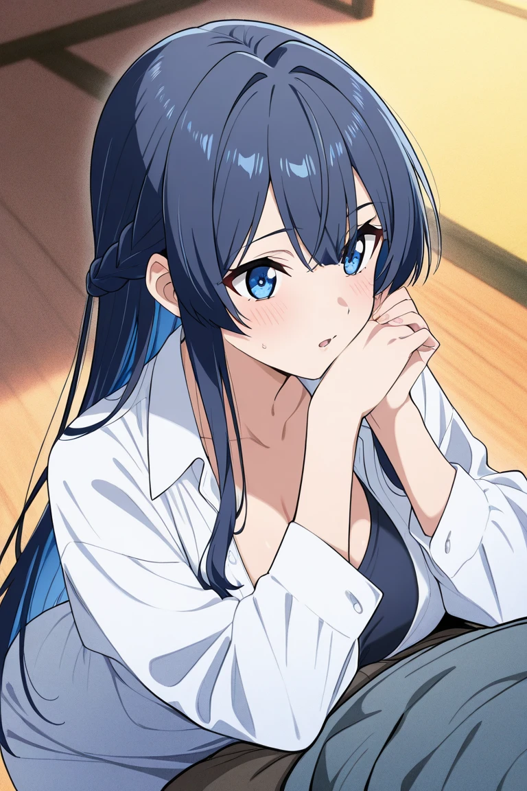 1girl, solo, (masterpiece, best quality:1.4), extremely detailed face, perfect lighting,hair between eyes, ponytail, jewelry, dress, cleavage, bracelet, clothing cutout, desk, hands on own face, smiling