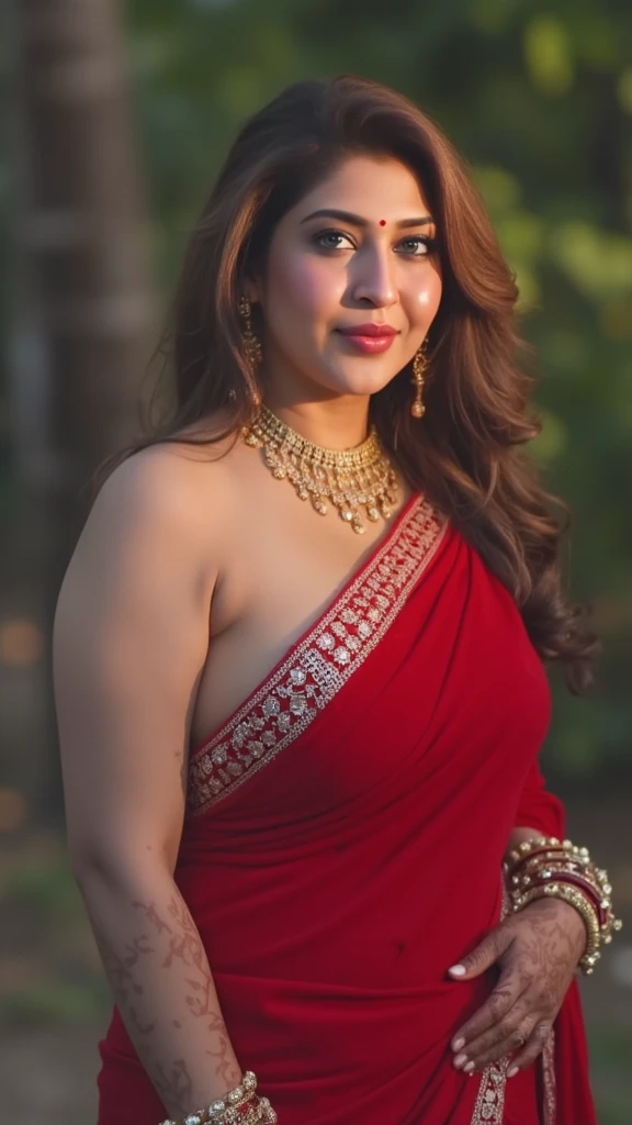 (high quality,4k,8k,highres,masterpiece:1.2),ultra-detailed,(realistic,photorealistic,photo-realistic:1.37),Indian female with a sexy figure,stunning beautiful eyes,full luscious lips,long dark hair flowing down,deep dusky skin,well-defined jawline and cheekbones,vibrant red traditional Indian saree outfit,fine golden jewelry adorning her neck and hands,traditional bindi on her forehead,poses with confident elegance,standing in a lush garden surrounded by vibrant flowers and tall trees,bathed in soft golden sunlight,expressing allure and charisma with her gaze and body language,creating a captivating and sensual atmosphere,artistic portrait showcasing the beauty and grace of Indian women.