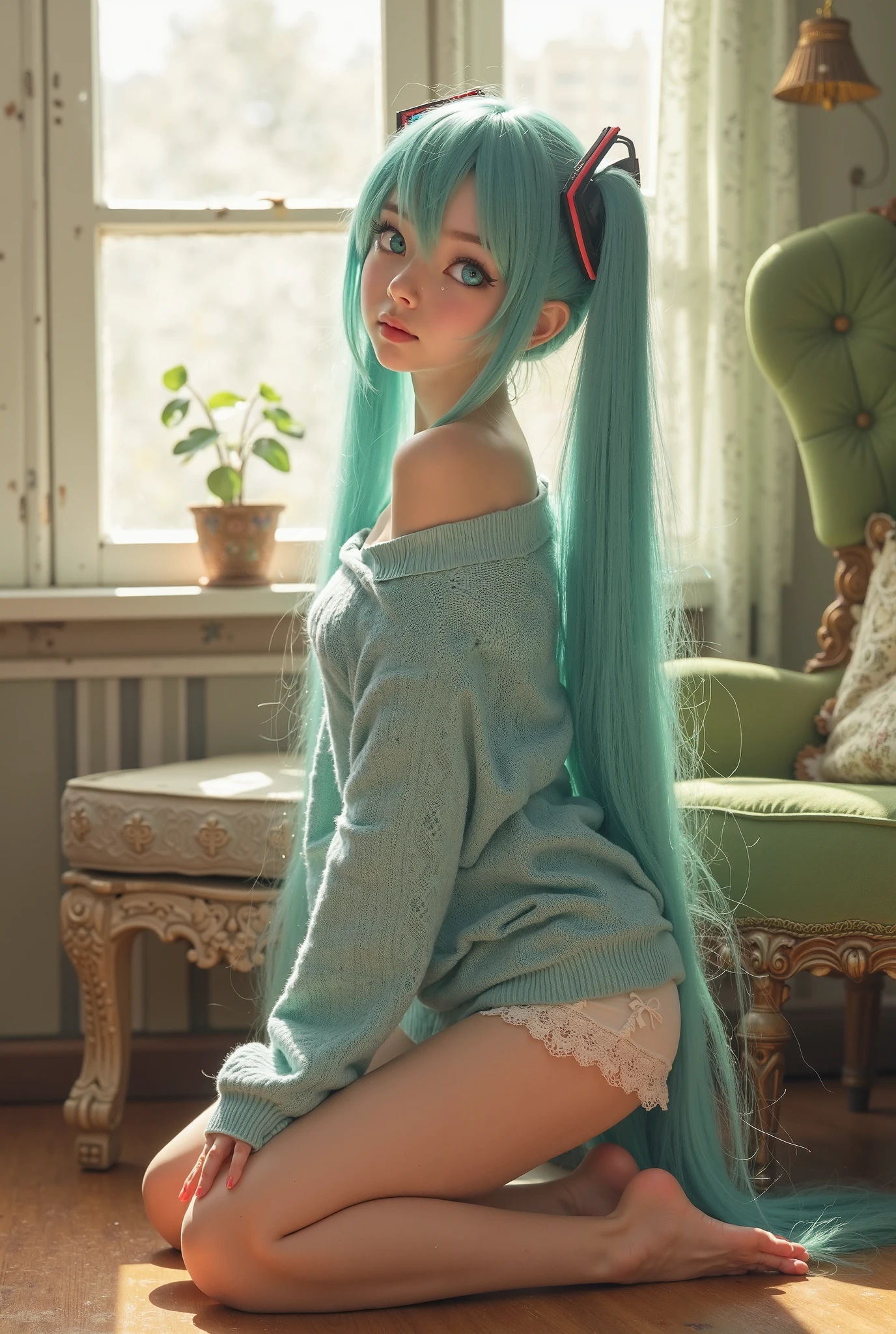 Young Hatsune Miku、skirt、Photograph the subject from below、Low Angle、Spread your legs、Pussy、While dripping with white love juice、Squat、Big Breasts、striped panties、Perfect pussy