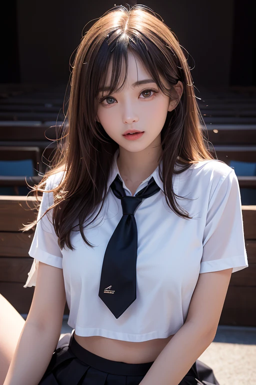 (School uniform、pleatedskirt、shortsleeves:1.5)Pretty Girl VN02, 1girl in, Solo, masutepiece, 1girl in, best qualtiy, Ultra Detail, (shiny), Small、with blush cheeks, Ray tracing,Perfect Lighting, (milky skin:1.2),reflection,  up looking_で_viewer, blush, bow ribbon, Twin-tailed, yellow_Eyes, White lace pantyhose, Bag, white choker, Low_Twin-tailed, (((blue-sky、glad、in front of the school、On the way to school)))、Japan's cutest 18-year-old beautiful girl
