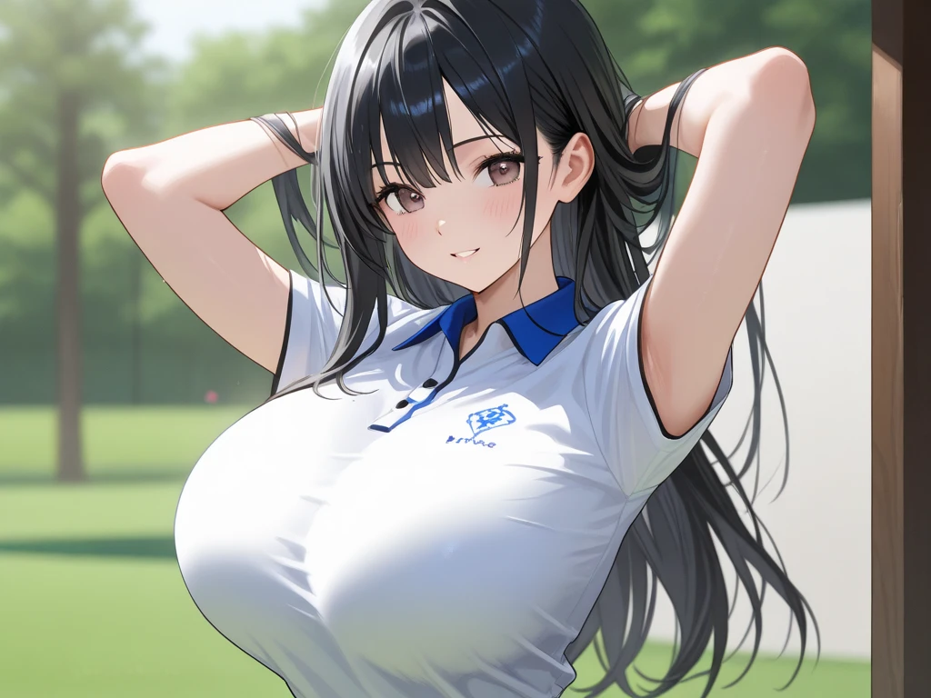 1girl, solo, white polo shirt, white sneakers, tennis wear, white miniskirt, masterpiece, best quality, realistic, hyper-detailed, (shiny skin, sweaty:1.4), absurd, looking at viewer, short black hair, brown eyes, slender, dynamic lighting, high resolution, sharp focus, depth of field, detailed eyes, sharp pupils, realistic pupils, large breasts, thick thighs, outdoor, sky