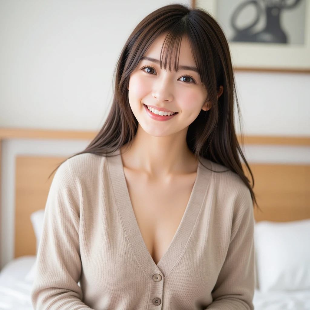 You are a professional photographer。masterpiece、８K、Highest quality, Soft Light, Ultra-high resolution, (Realistic:1.4), RAW Photos,27-year-old Japanese, alone, cute、(pupil, Light in your eyes), Beautiful face in every detail, (Small box),(High resolution detail of human skin texture)、Postman 、Wear a post office uniform、deliver a letter、post office,Delivery by bicycle、(Portraiture)、Cleavage
